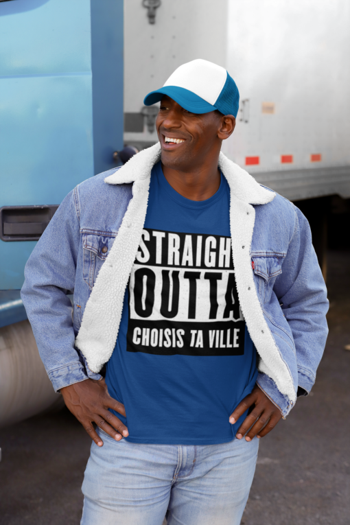 mockup of a man wearing a customizable t shirt and trucker hat in the street 29475